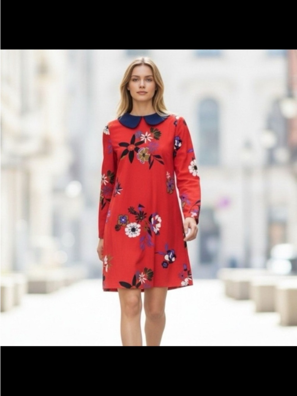 ModCloth Dress - red floral long sleeve w/peter pan collar